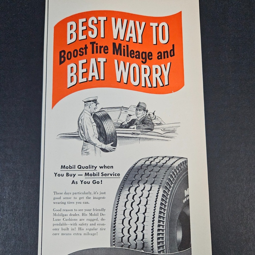 1951 Socony-Vacuum Oil Company Mobil Deluxe Cushion Tires Vintage Print Ad Shop